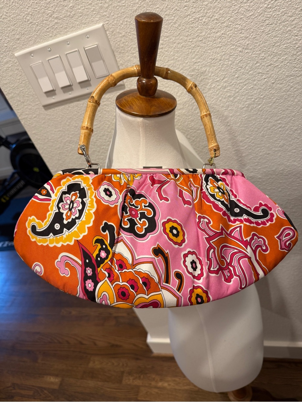 Banana Republic Pink & Orange Paisley Bamboo-Handle Purse